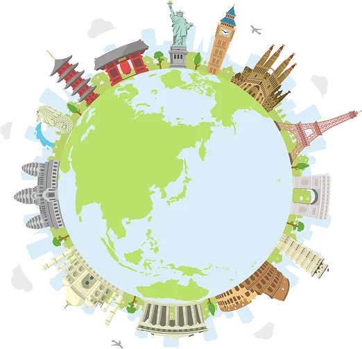 地球の周囲にタワーや建物を並べたイラストでグローバルを表現